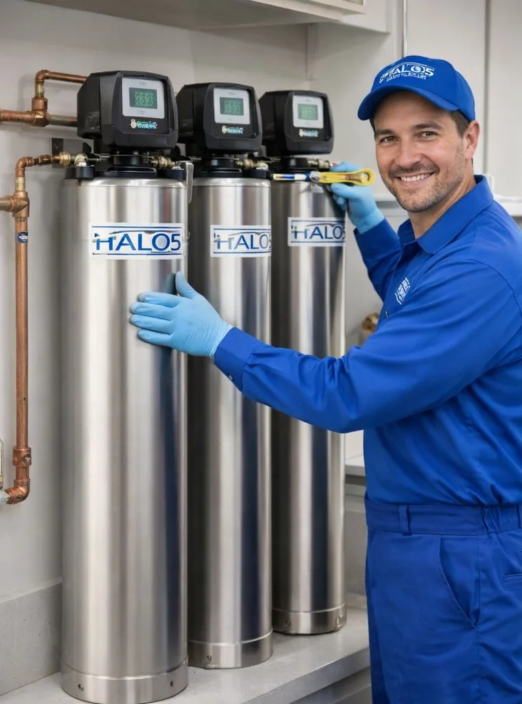 Water-treatment installer standing beside three stainless-steel HALO filtration tanks
